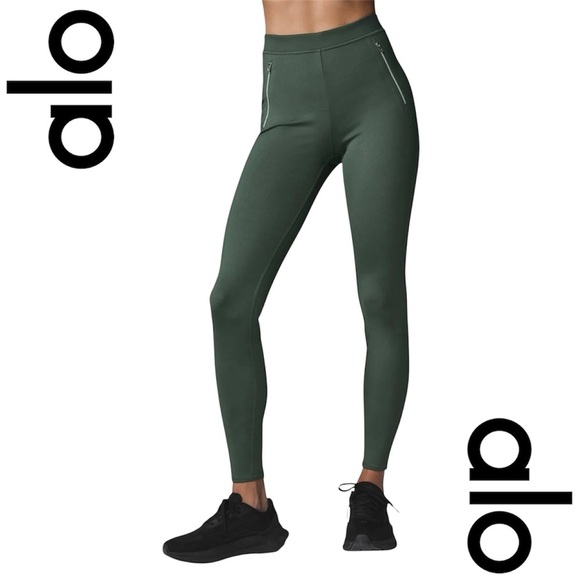NWOT! ALO YOGA High-Waist Thrill Seeker Leggings in Olive Green with Front Zippe - Picture 6 of 7